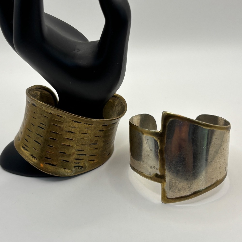 Lot of 2 Wide Artisan Cuff Bracelets Mixed Metal - Picture 5 of 13
